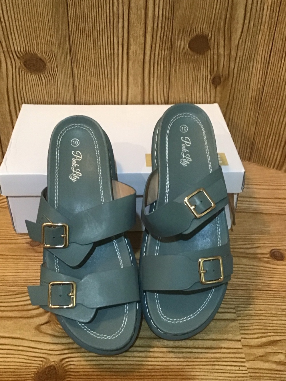 NWT Pink Lily Blue-Green Double-Buckle Slide Sandals